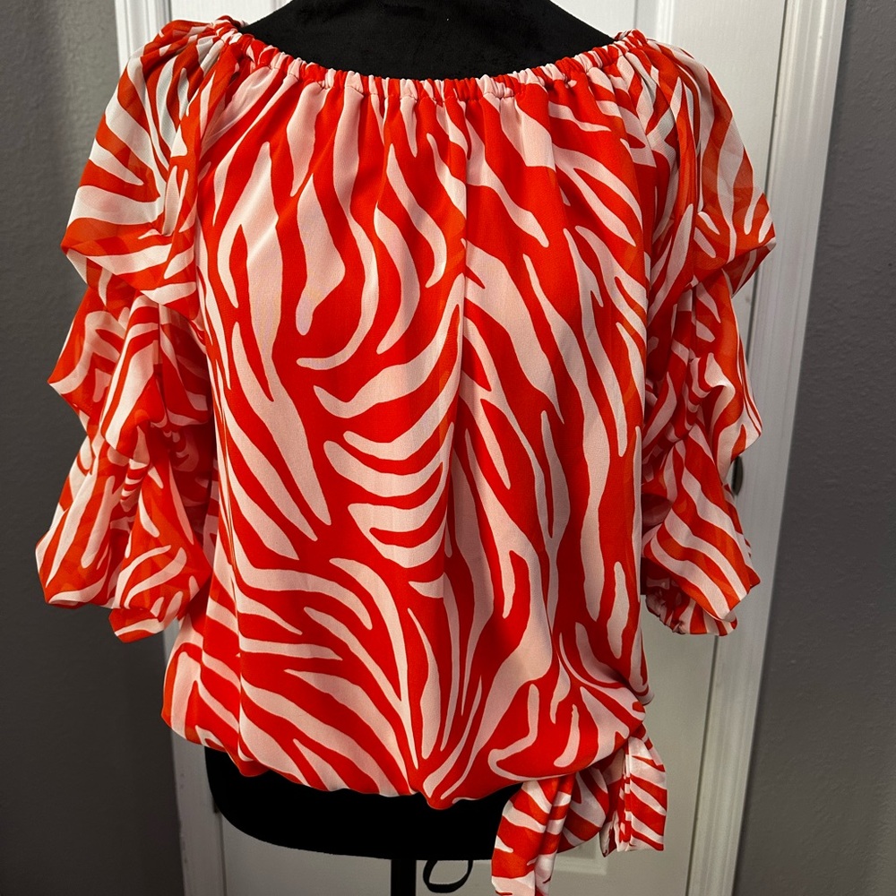Coco Bianco Orange and White Off-Shoulder Ruffle Sleeve Blouse